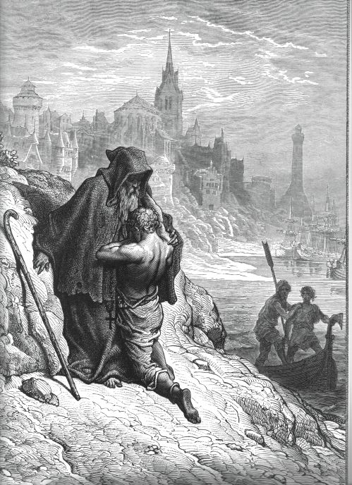Gustave Dore's illustration of "Shrieve me, Holy Man" - the scene in Coleridge's Ancient Mariner when the mariner seeks atonement from the hermit.