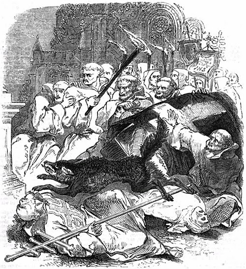 An illustration from Wagner the Wehr-Wolf depicting his disruption of the funeral procession.